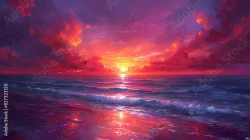 sunset overtranquil ocean, where the sky is painted in soft fluffy hues of orange and purple