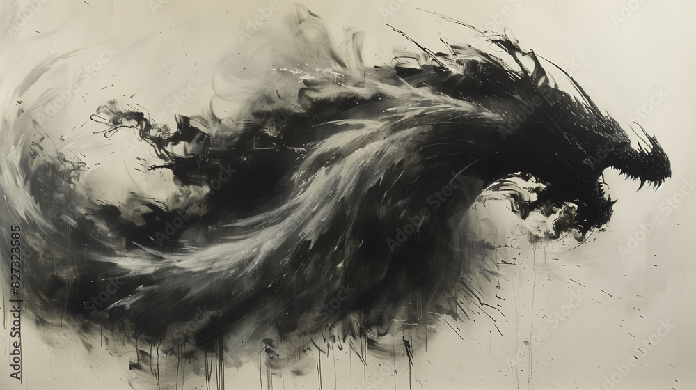 Fototapeta premium Abstract ink illustration of a dragon black and white background