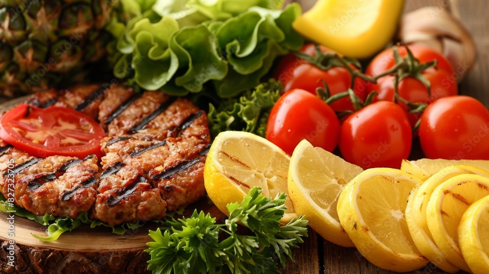 Healthy grilled steak and fresh vegetable arrangement on wooden background Healthy grilled steak and fresh vegetable arrangement on wooden background