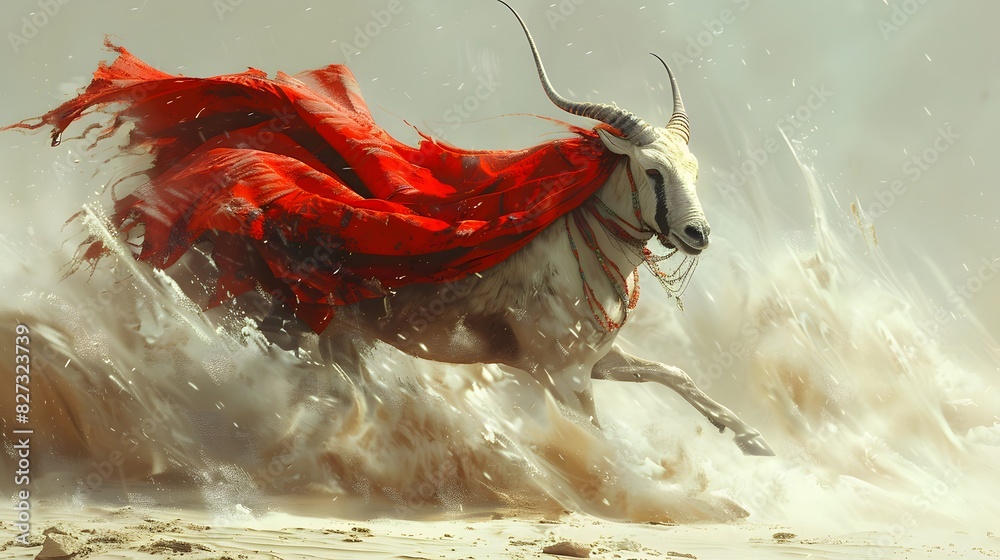 A white horse with a red cape is running through a desert. The horse is ...