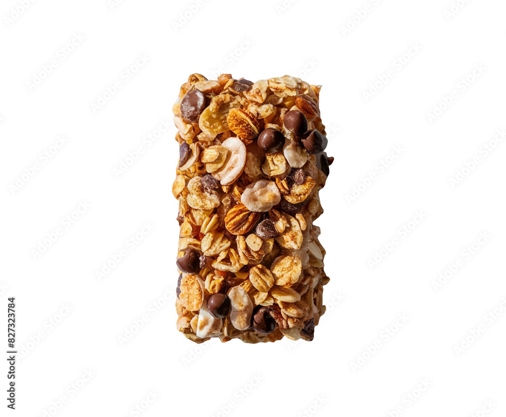 Obraz premium Healthy granola cereal bars with oats, nuts, and chocolate of stacked almond granola bars with loose almonds on transparent background Ai generative.