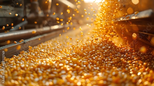 Corn kernels pouring into a processing machine, closeup shot with warm lighting photo