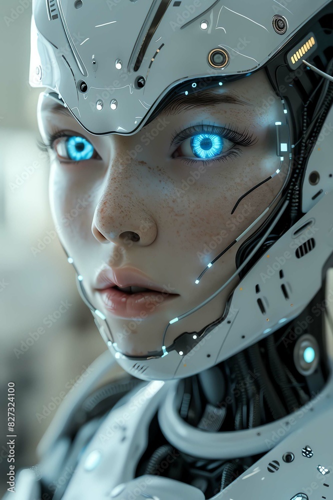 Futuristic female android with blue eyes, detailed and sleek design Futuristic female android with blue eyes, detailed and sleek design