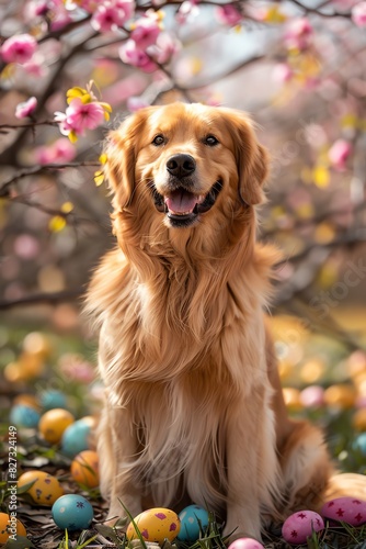 Golden retriever surrounded by colorful Easter eggs in a blooming orchard  sunny day