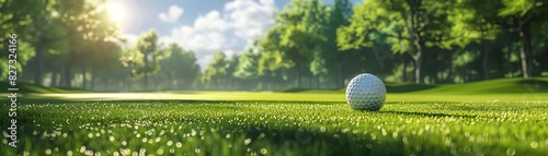 Golf ball on a lush green course, sunny day, trees in the background photo