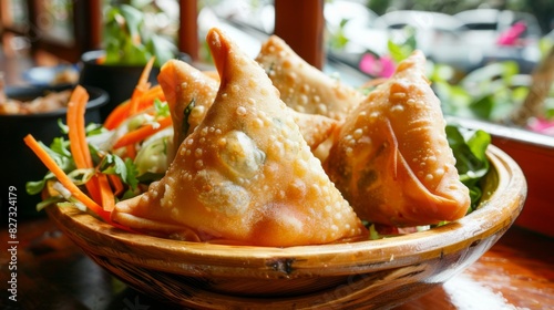 Wallpaper Mural Crispy golden samosas on a wooden platter with fresh salad Torontodigital.ca