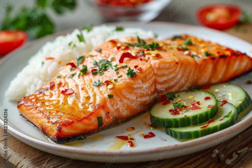 Grilled salmon fillet with rice and fresh vegetables on a plate Grilled salmon fillet with rice and fresh vegetables on a plate