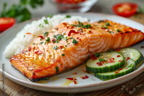 Grilled salmon fillet with rice and fresh vegetables on a plate