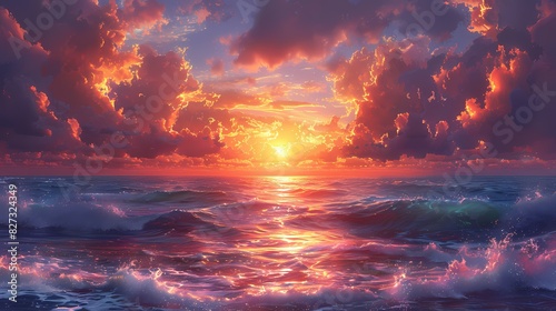 sunset overtranquil ocean  where the sky is painted in soft fluffy hues of orange and purple