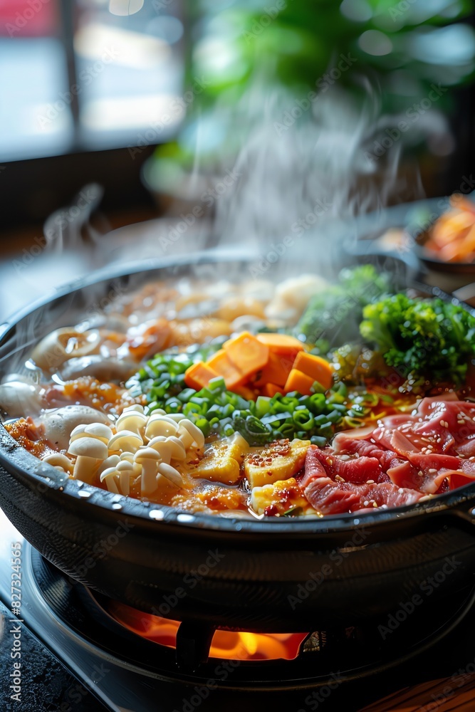 Steaming hot pot with various ingredients, rich aroma in a cozy dining setting