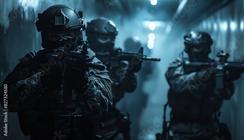 Tactical team in dark corridor, intense and focused, dramatic lowlight shot