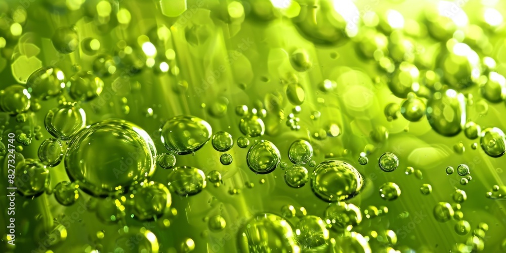 Vivid green macro bubbles on a bright liquid surface
