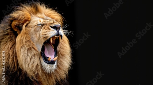 Majestic lion roaring in profile against a black background