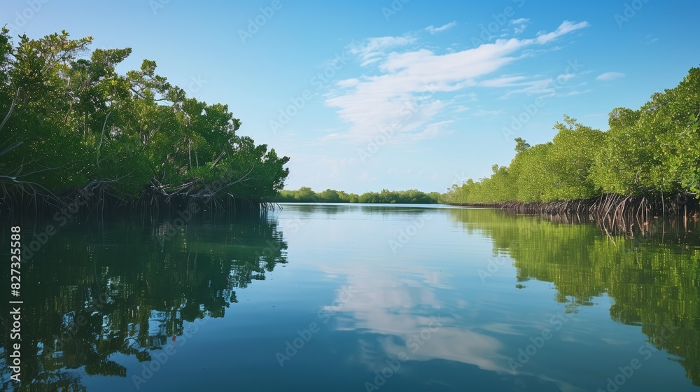 A tranquil lagoon, encircled by lush mangroves, has calm, mirror-like waters reflecting serene beauty.