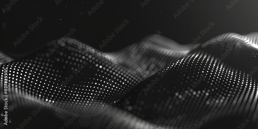 black background with white dots and lines in the shape of an wave, Black and white abstract waves with digital particles creating a modern and futuristic visual effect.banner
black background with white dots and lines in the shape of an wave, Black and white abstract waves with digital particles creating a modern and futuristic visual effect.banner