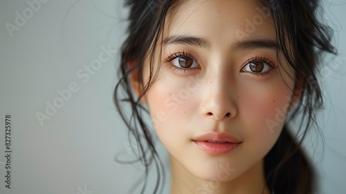 beautiful young asian woman with clean fresh skin on white background