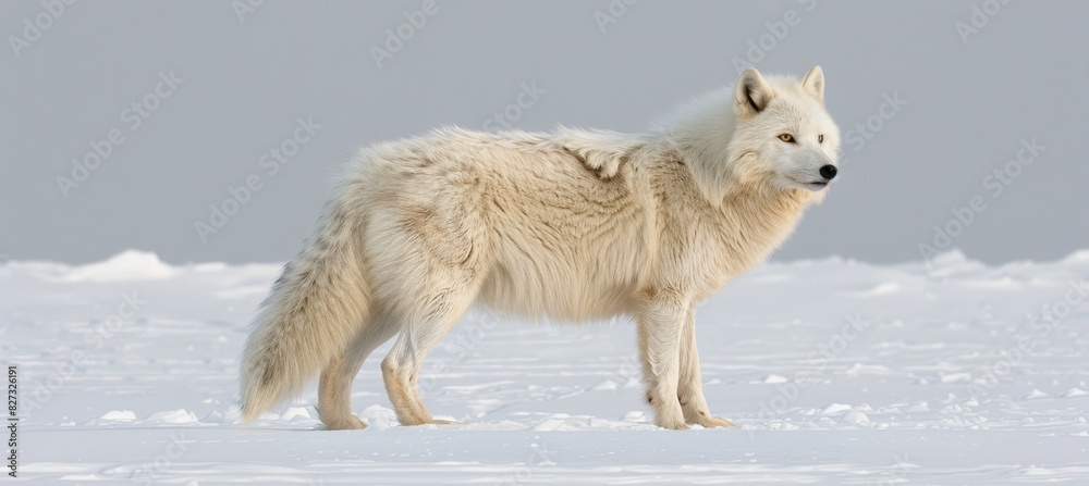 Majestic white wolf gracefully navigating through serene snowy wilderness in search of prey