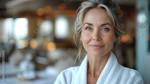 headshot of happy smiling gorgeous middle aged woman in white bathrobe at spa salon hotel looking away advertising of bodycare spa procedures antiage recreation treatment concept