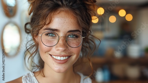 young happy cheerful professional business woman happy laughing female office worker wearing glasses looking away at copy space advertising