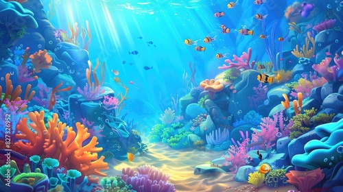Vibrant cartoon underwater scene with colorful marine life and coral reefs