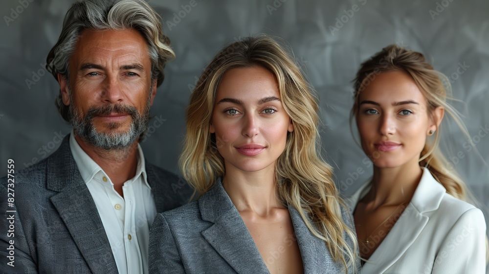 business colleagues headed with boss posing to camera over grey wall in office business colleagues headed with boss posing to camera over grey wall in office