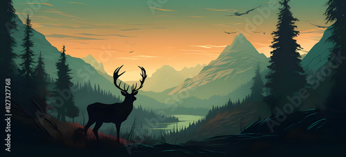 Place a deer silhouette on a mountainous landscape, capturing the majestic and wild nature of these creatures © athar