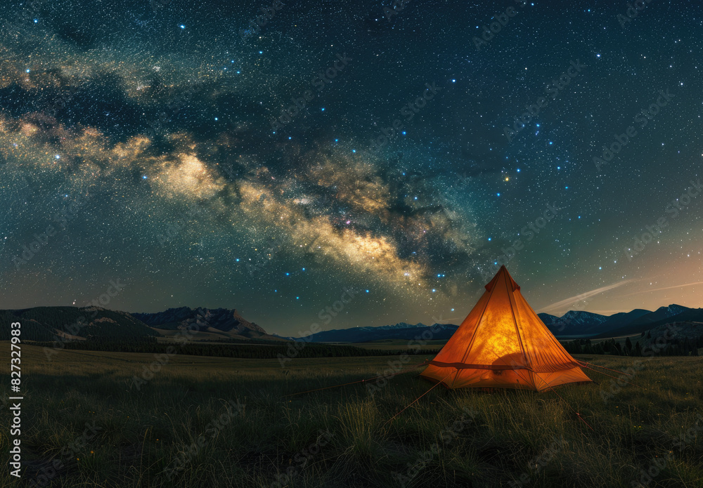 A glowing orange tent in the wilderness under starry sky, mountains and grassland background, high definition photography