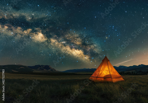 A glowing orange tent in the wilderness under starry sky  mountains and grassland background  high definition photography