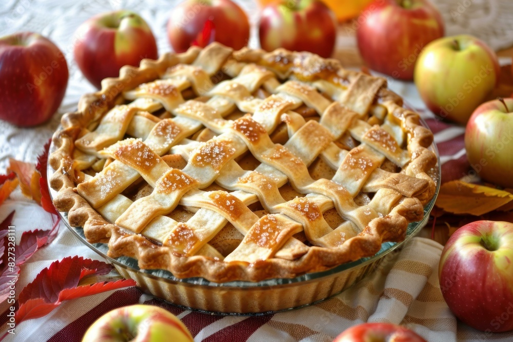 Freshly baked apple pie with a golden lattice crust, surrounded by autumn leaves and apples Freshly baked apple pie with a golden lattice crust, surrounded by autumn leaves and apples