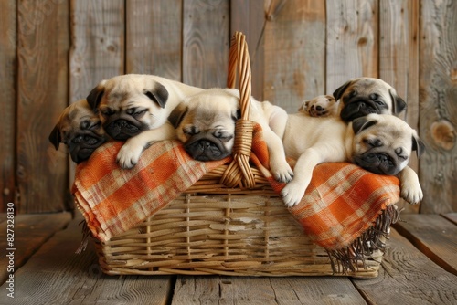 Cute pug puppies sleeping peacefully in basket, snuggled together with audible snorts and snores photo