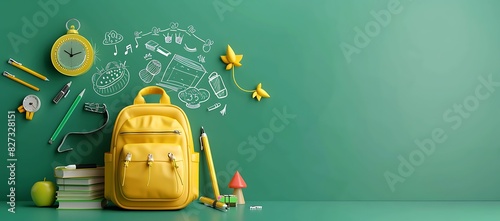  yellow backpack with school supplies on green background 
