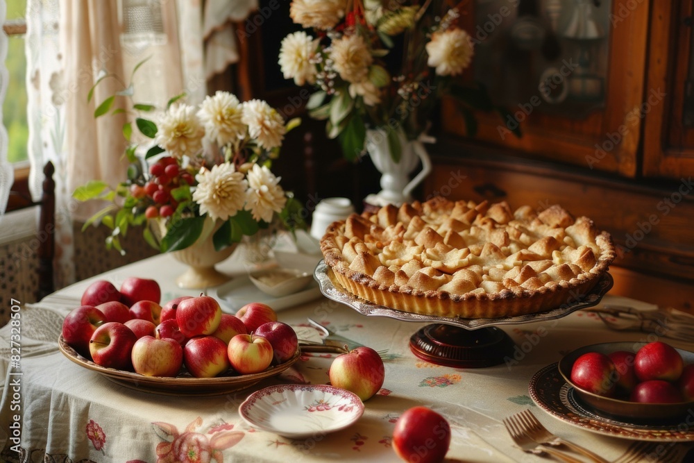 Delicious apple pie accompanied by fresh apples on a traditional kitchen table with flowers Delicious apple pie accompanied by fresh apples on a traditional kitchen table with flowers