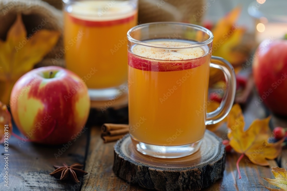 Warm apple cider in a glass mug with fall leaves and apples on a rustic table Warm apple cider in a glass mug with fall leaves and apples on a rustic table