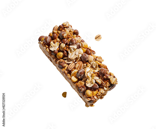 Healthy granola cereal bars with oats, nuts, and chocolate of stacked almond granola bars with loose almonds on transparent background Ai generative.