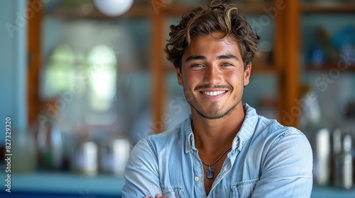 happy young man portrait of handsome young man in casual shirt keeping arms crossed © Emile