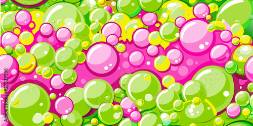 Fresh green and pink bubbles clustered together. Bright, neon green bubbles with vibrant pink accents. Collection of glossy green bubbles on vibrant background. Colorful soap bubbles background