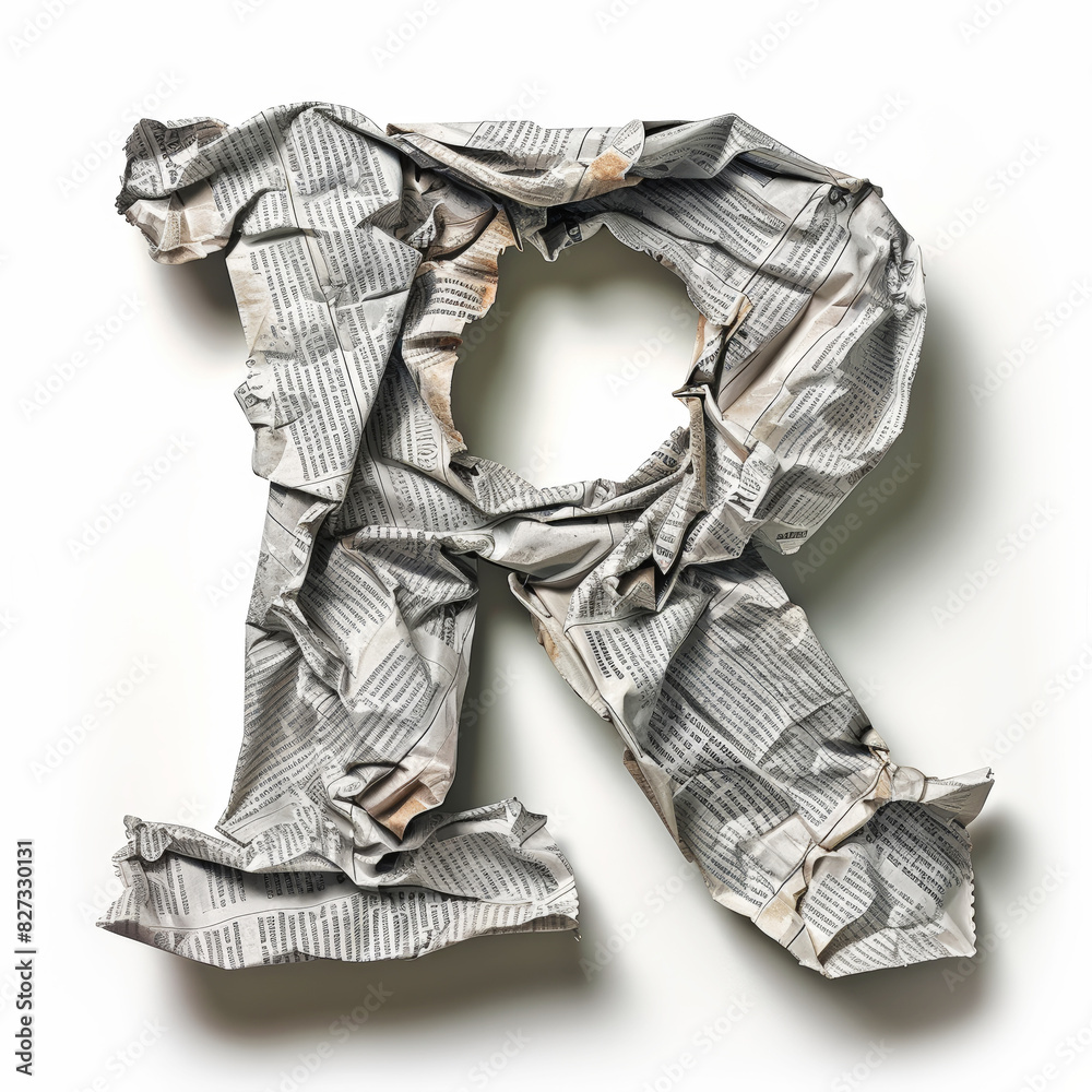 Letter R from crumpled newspaper on a clean white background. Fashion ...