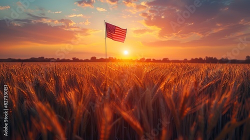 at twilight an american flag flies over a wheat field the fourth of july national holiday photo