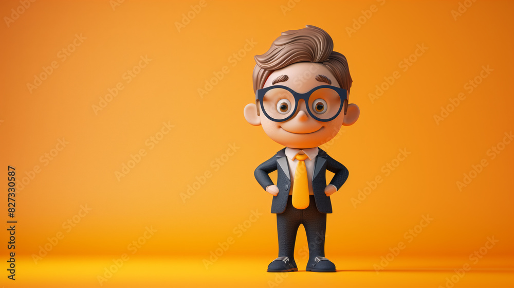 A cheerful cartoon character of a man in a suit with glasses stands confidently against a bright orange background. The character's big smile and playful design exude a friendly and positive vibe. A cheerful cartoon character of a man in a suit with glasses stands confidently against a bright orange background. The character's big smile and playful design exude a friendly and positive vibe.