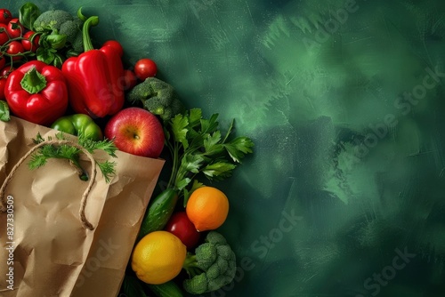 Shopping or delivery healthy food background. Healthy vegan vegetarian food in paper bag vegetables and fruits on green  copy space. Food supermarket and clean vegan eating concept - generative ai