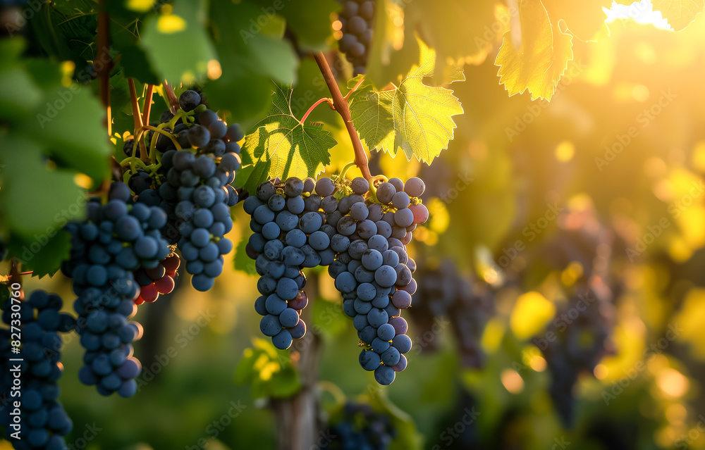 Sunlit vineyard with ripe grapes on the vine in golden hour