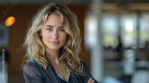 confident businesswoman with arms crossed standing at office