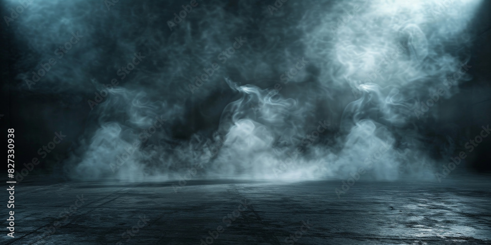 Fototapeta premium empty stage with a spotlight on Dark grey backgroundfor product presentation in a studio dark room. Spotlight on stage with smoke effect creating a dramatic and mysterious atmosphere for performances 