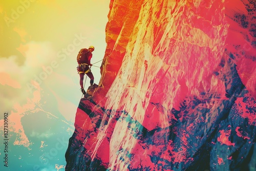 Mountain climbing, close up, focus on, copy space, vibrant colors, Double exposure silhouette with cliffs