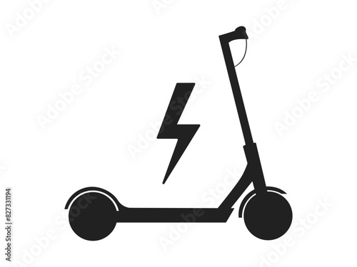 Electric scooter. Icon of electro bike. Logo for rental bicycle. Child eco transport isolated on white background. Symbol of charge battery. Cartoon escooter for mobility of ride. Vector