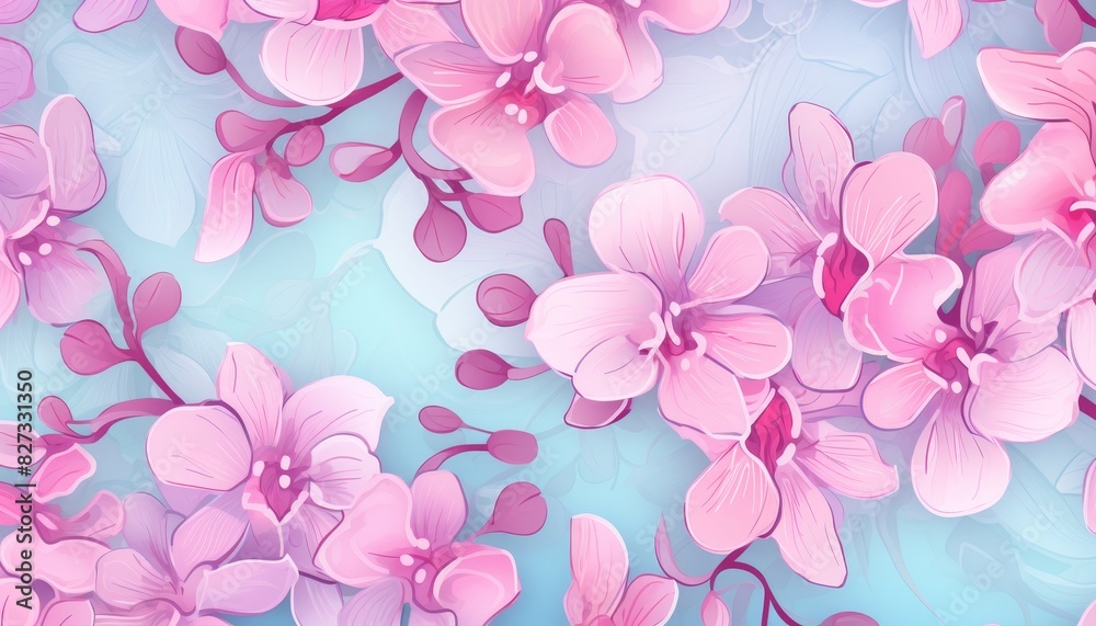 Fototapeta premium A vibrant illustration of pink and purple flowers against a soft blue background, perfect for spring and nature-related themes.