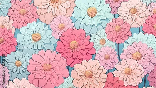 Wallpaper Mural A beautiful seamless pattern featuring colorful pastel flowers in pink, blue, and peach shades. Perfect for backgrounds and textile designs. Torontodigital.ca