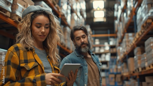 a distribution warehouse manager and a client businesswoman assess inventory storage on a shelf using a digital tablet at the storage room a storehouse supervisor worker with