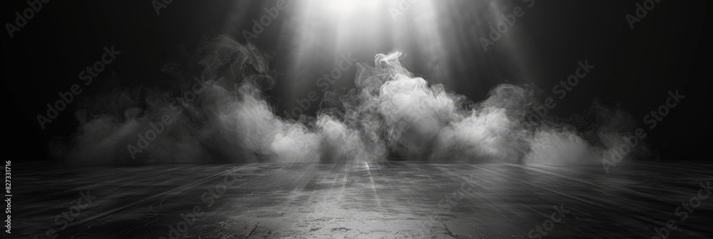 empty stage with a spotlight on Dark grey backgroundfor product presentation in a studio dark room. Spotlight on stage with smoke effect creating a dramatic and mysterious atmosphere for performances
