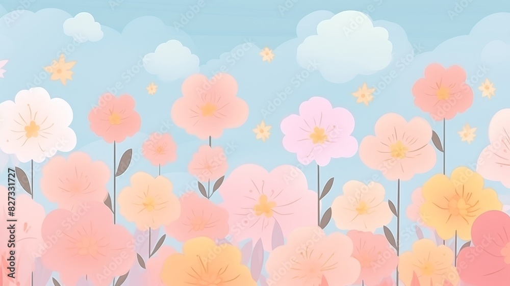 Colorful pastel flower field under a soft blue sky with fluffy clouds, creating a serene and dreamy atmosphere. Colorful pastel flower field under a soft blue sky with fluffy clouds, creating a serene and dreamy atmosphere.